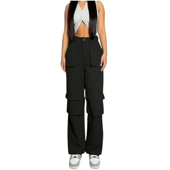 Women’s Black High‑Waisted Wide‑Leg Sport Pants – Multi‑Pocket with Zipper & Button, Casual Outdoor Workwear, Plus Sizes