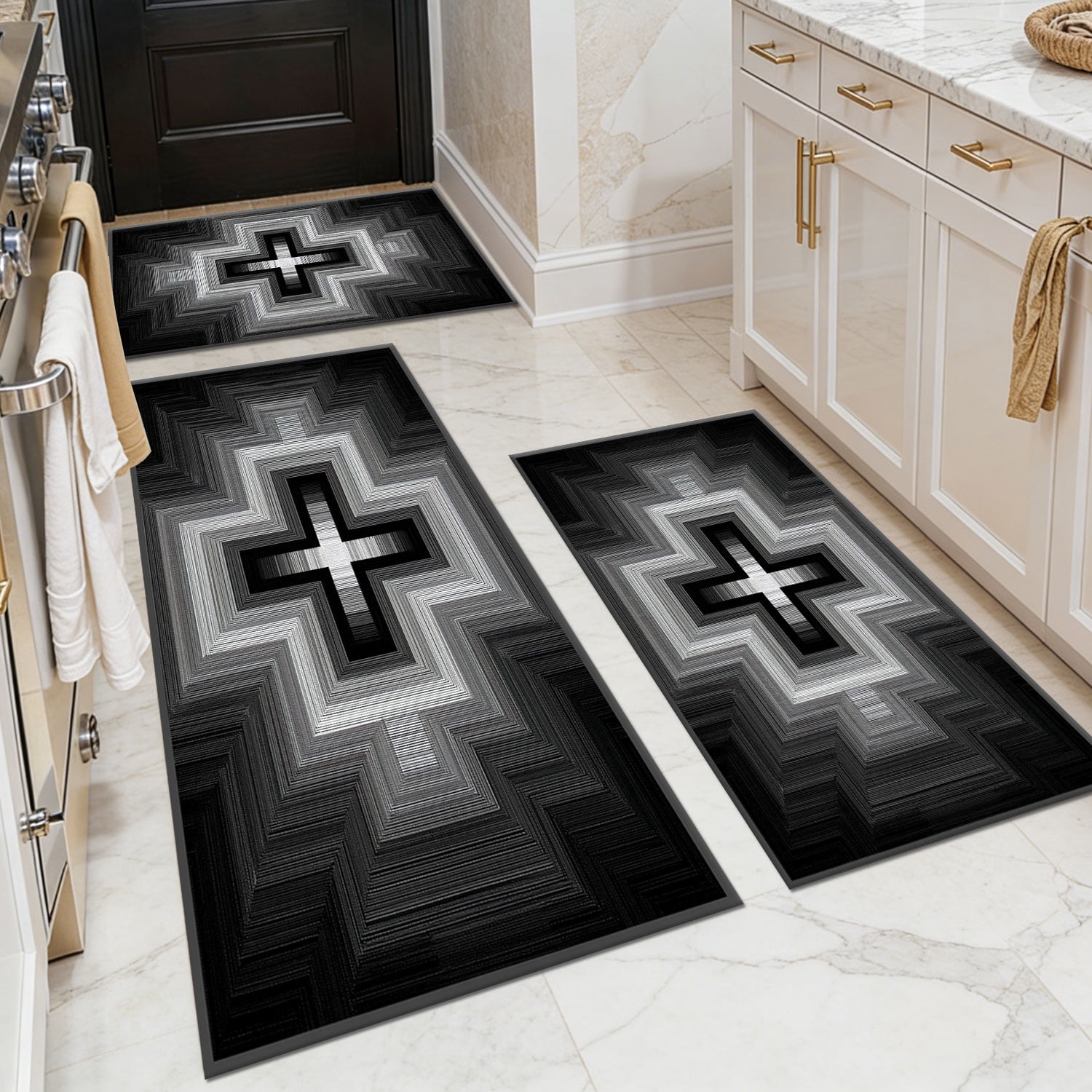 3 Piece Kitchen Rug Set, Non-Slip And Washable, Abstract Pattern Kitchen Hallway Rug, Soft And Comfortable, Suitable For Sinks, Floors, Entrances, Hallways and Bathrooms