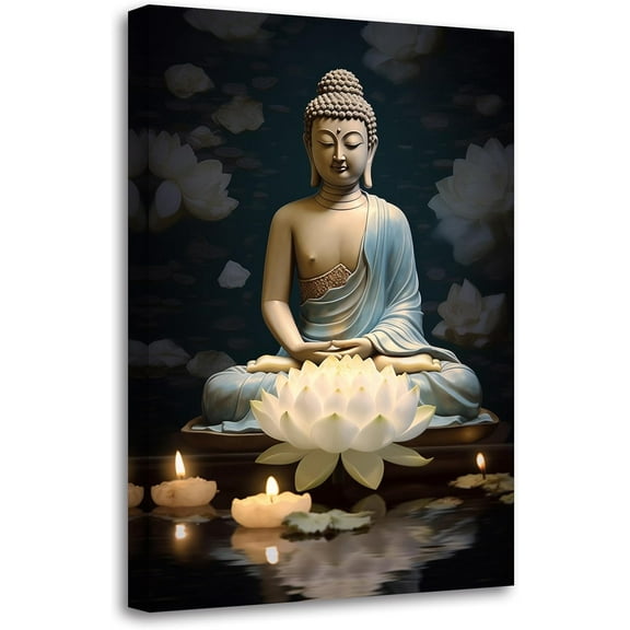 Buddha Painting Zen Canvas Wall Art Buddha Statue & White Lotus Picture Spiritual Prints Spa Artwork for Yoga Meditation Buddhist Prayer Room(Picture-1, (12.00" x 18.00"))