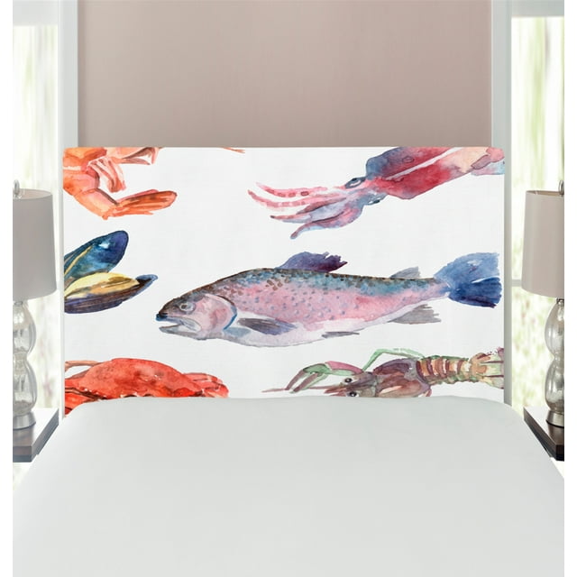 Sea Animals Headboard, Food Illustration Shrimp Mussel Fish Crab