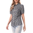 thumbnail image 4 of INSPIRE CHIC Women's Peter Pan Collar Blouse Floral Puff Short Sleeve Contrast Trim Button Down Top XL Black, 4 of 5