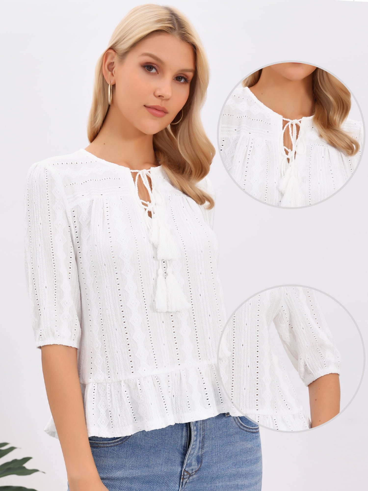 DARING DIVA Women's Eyelet Tops Embroidery Crewneck Tassel Tie Boho Blouse M White