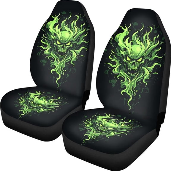 chaqlin Skull Car Seat Cover Green Fire Flame Auto Front Seat Covers Breathable Bucket Seat Protector for Most Cars SUVs Trucks Van