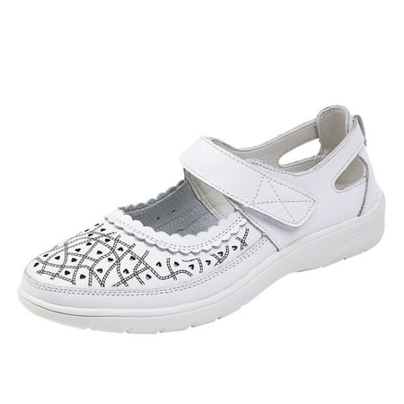 

Cathalem Women Sandals Comfortable Casual Cow Leather Hollowed Out Mother Shoes Hole Type Sandals Carved Flat Women Shoes White 40