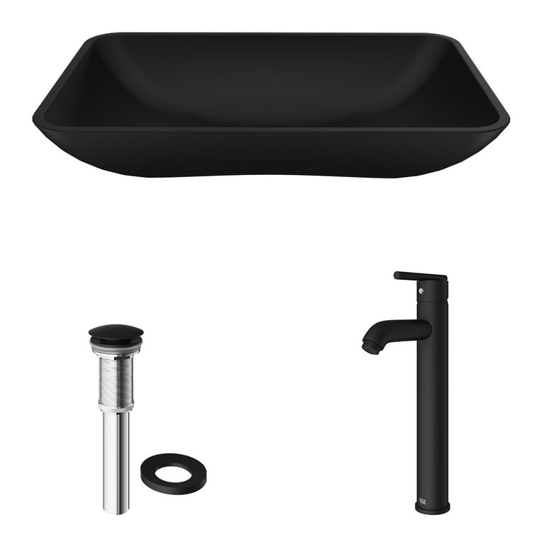 Hadyn Glass Vessel Bathroom Sink in Black with Seville Faucet in Matte Black Hadyn Glass Vessel Bathroom Sink in Black with Seville Faucet in Matte Black