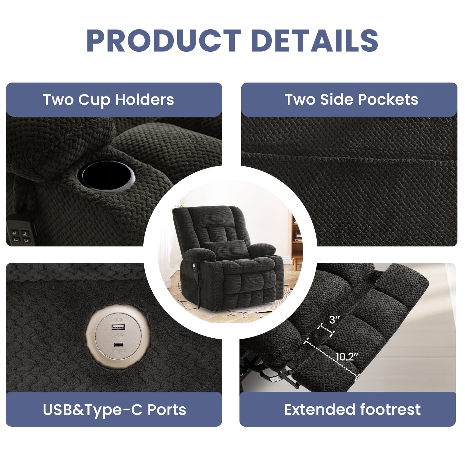 Oversized Power Lift Recliner Chair for Adults with Massage and Heat, Infinite Position Lay Flat Lift Chair for Elderly/Seniors, One-Touch Reset, USB&Type-C, Cup Holders, Lumbar Pillow, Dark Grey