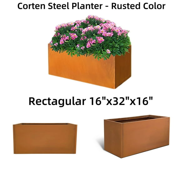 16"x32"x16" Garden Pot Planter Box with Drainage Hole Large Flower Pots Containter for Outdoor Plants Decorative Patio Deck Yard Hotel Front Porch Tall Square Pots Corten Steel Heavy Duty, Rusted