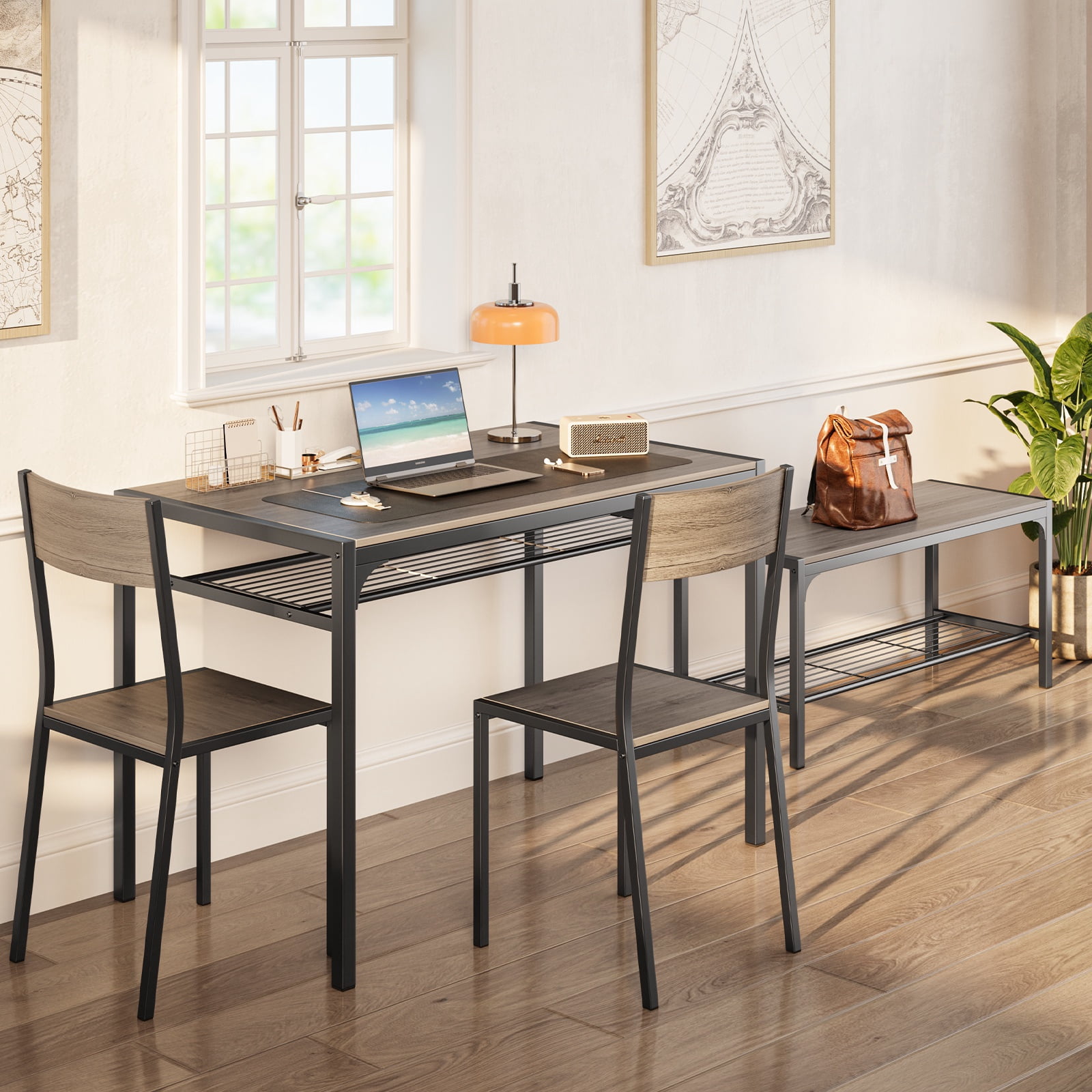 Asofer 4 Piece Dining Table Set for 4 with 2 Chairs & Bench, Kitchen Table with Storage Rack, Space Saving Dining Set for Small Space, Apartment, Gray