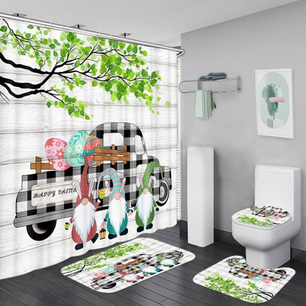 Easter Cute Bunny Family Pattern Bathroom Waterproof Fabric Shower Curtain Set 