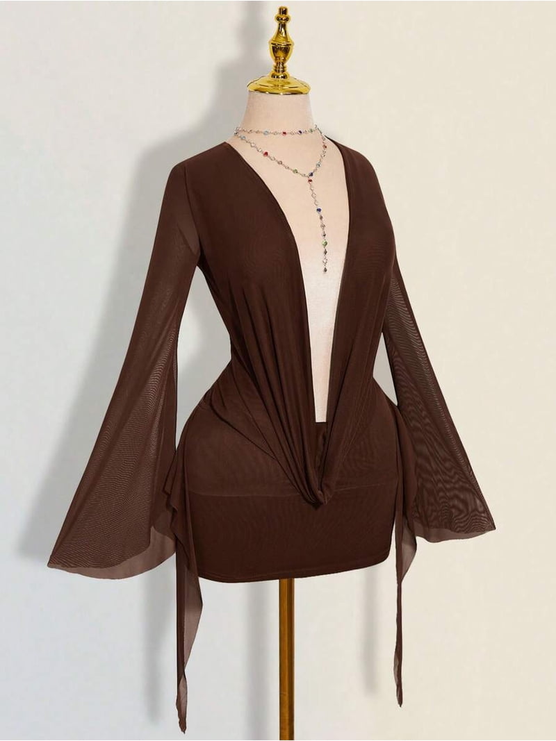 brown sheer mini dress Brown Bodycon Mesh Material See-Through Strappy Mini Dress