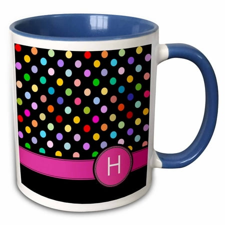 

3dRose Letter H monogrammed on rainbow polka dots pattern with hot pink personal initial - girly multicolor - Two Tone Blue Mug 11-ounce