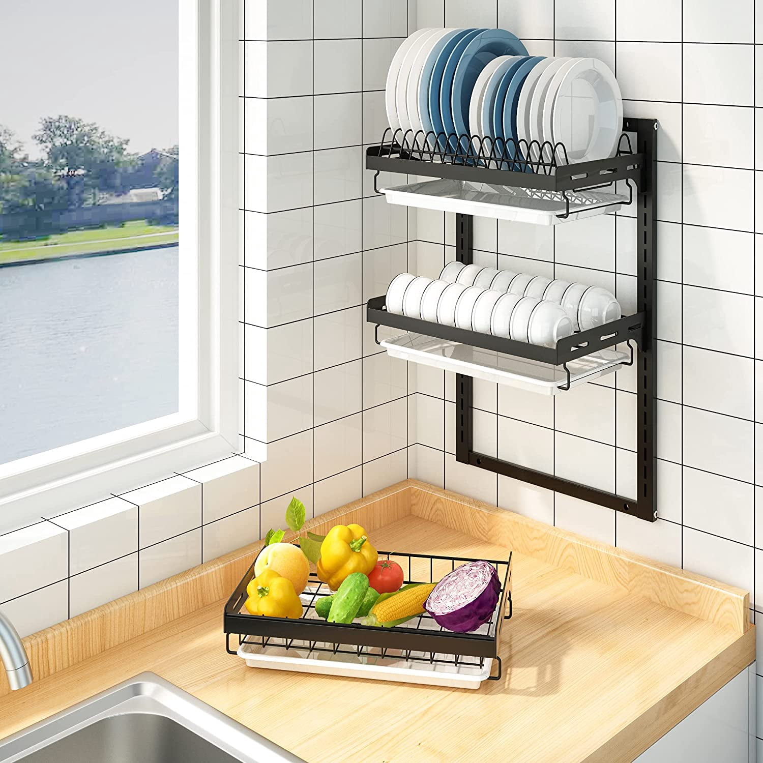 Wall Mounted Dish Drying Rack, 3 Tier Stainless Steel Hanging Drainer with Cutlery Holder and Hooks for Kitchen