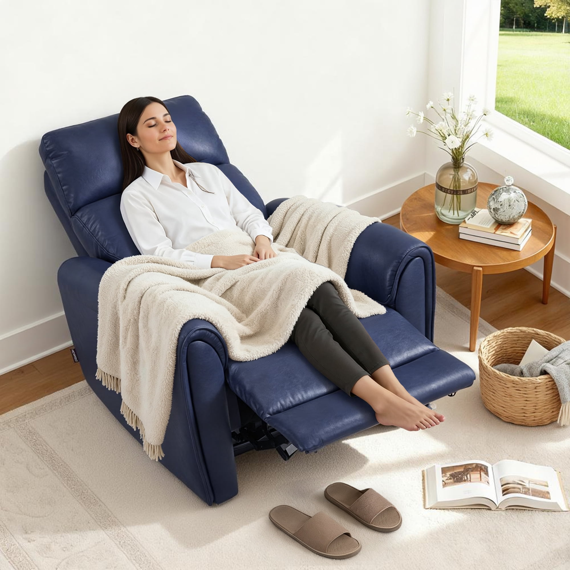MCombo Zero Wall Hugger Power Recliner Chair for Small Spaces, FSC Certified, Faux Leather, Navy Blue
