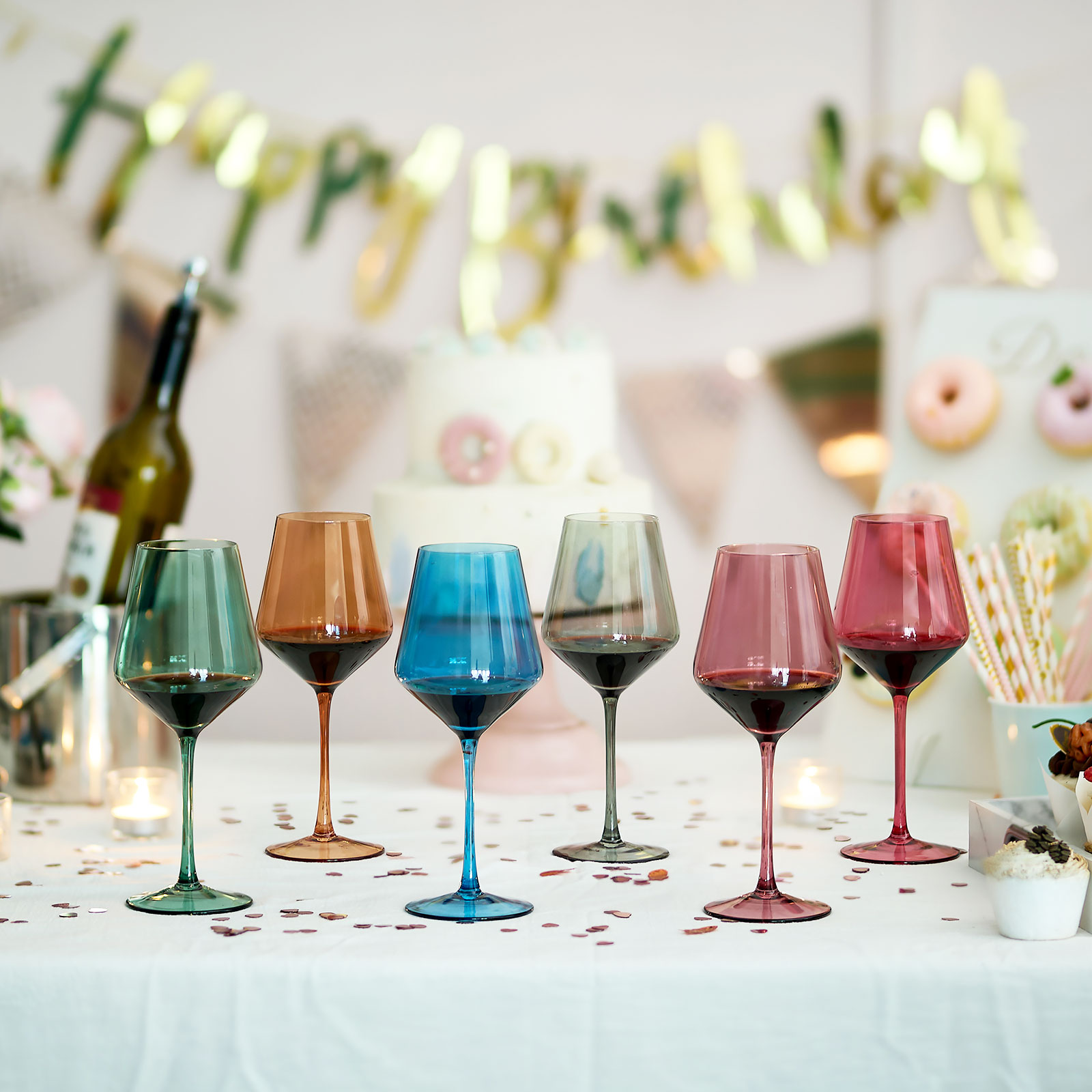 Nuptio Stemmed Colored Wine Glasses Set of 6 13.5oz : Brown Wine Glasses with Long Stem for Christmas Dinner Birthday Party Wedding Home Bar Wine Lover Gifts