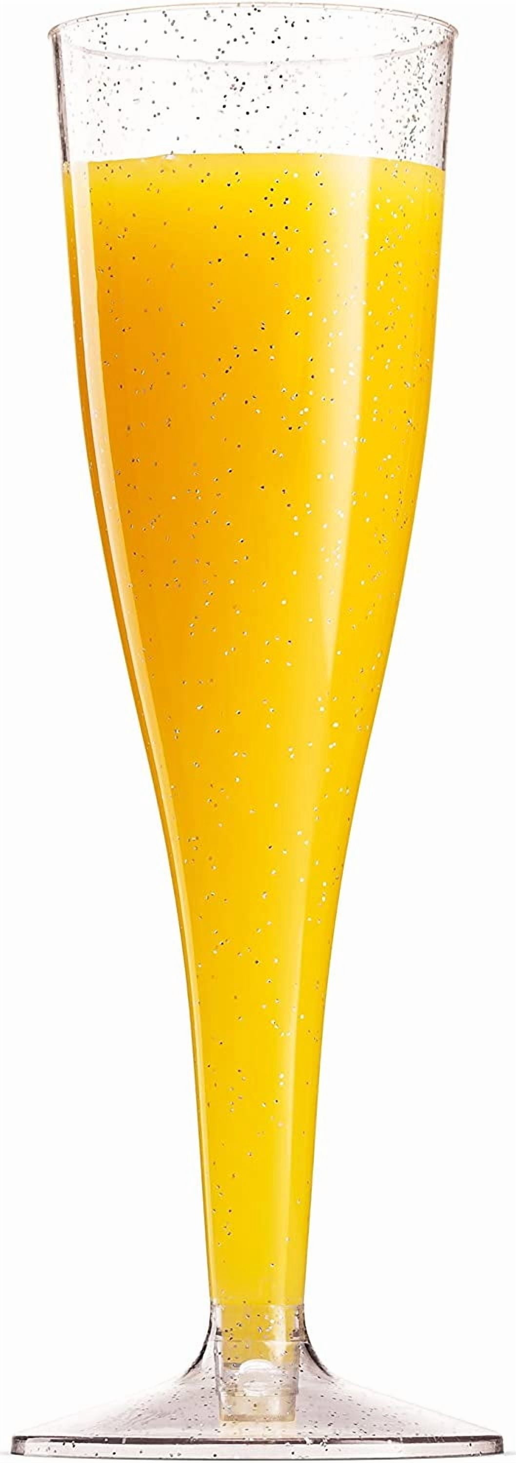 100 Plastic Champagne Flutes - 5 Oz Disposable Silver Glitter Champagne Glasses for Parties, Mimosa Bar, Events, Wedding and Shower Party Supplies - Toasting Cocktail Cups
