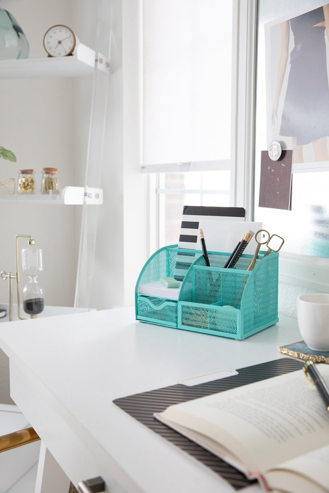 Blu Monaco Unique Metal Aqua Desk Organizer with Drawer