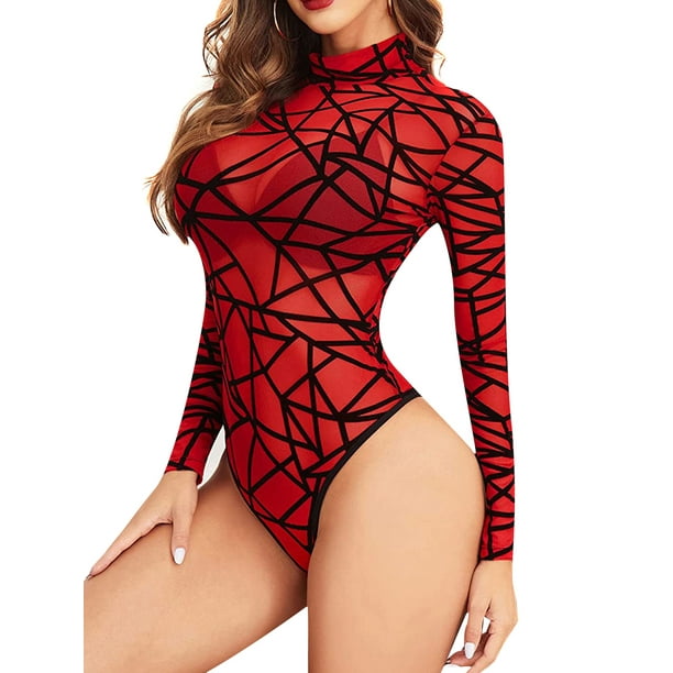 VISgogo Body transparente para mujer estampado geometrico cuello alto manga larga broches tops para damas S M L XL VISgogo moda Walmart en linea