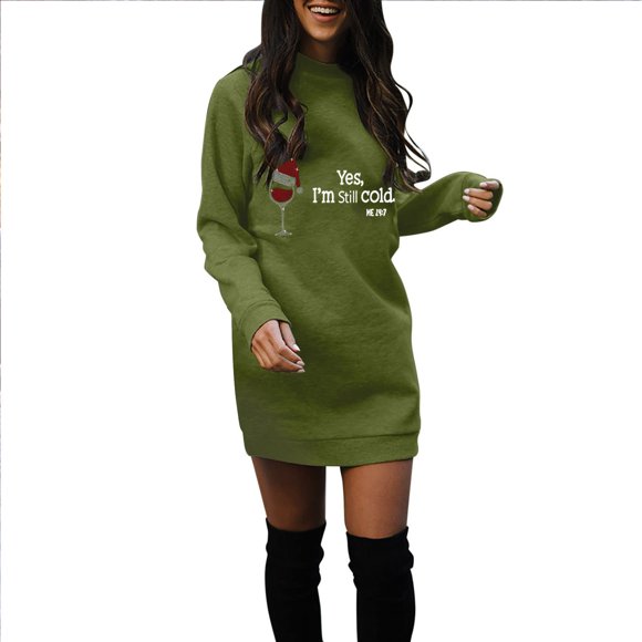 Long Sweater Dress,女装休闲长袖圆领对比色针织衫
