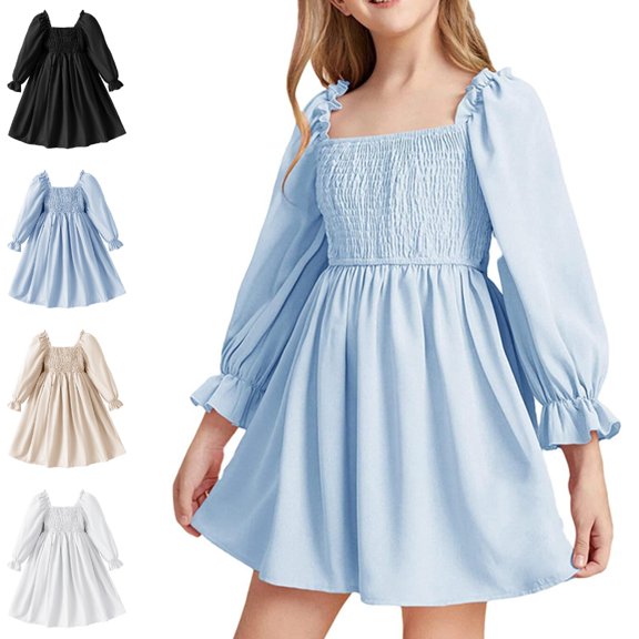 Bmisegm Girls Dress Square Neck Puff Long Sleeve Ruffle Shoulder Smocked High Waist A Line Dress Casual Dress for Girls 5-6 Years
