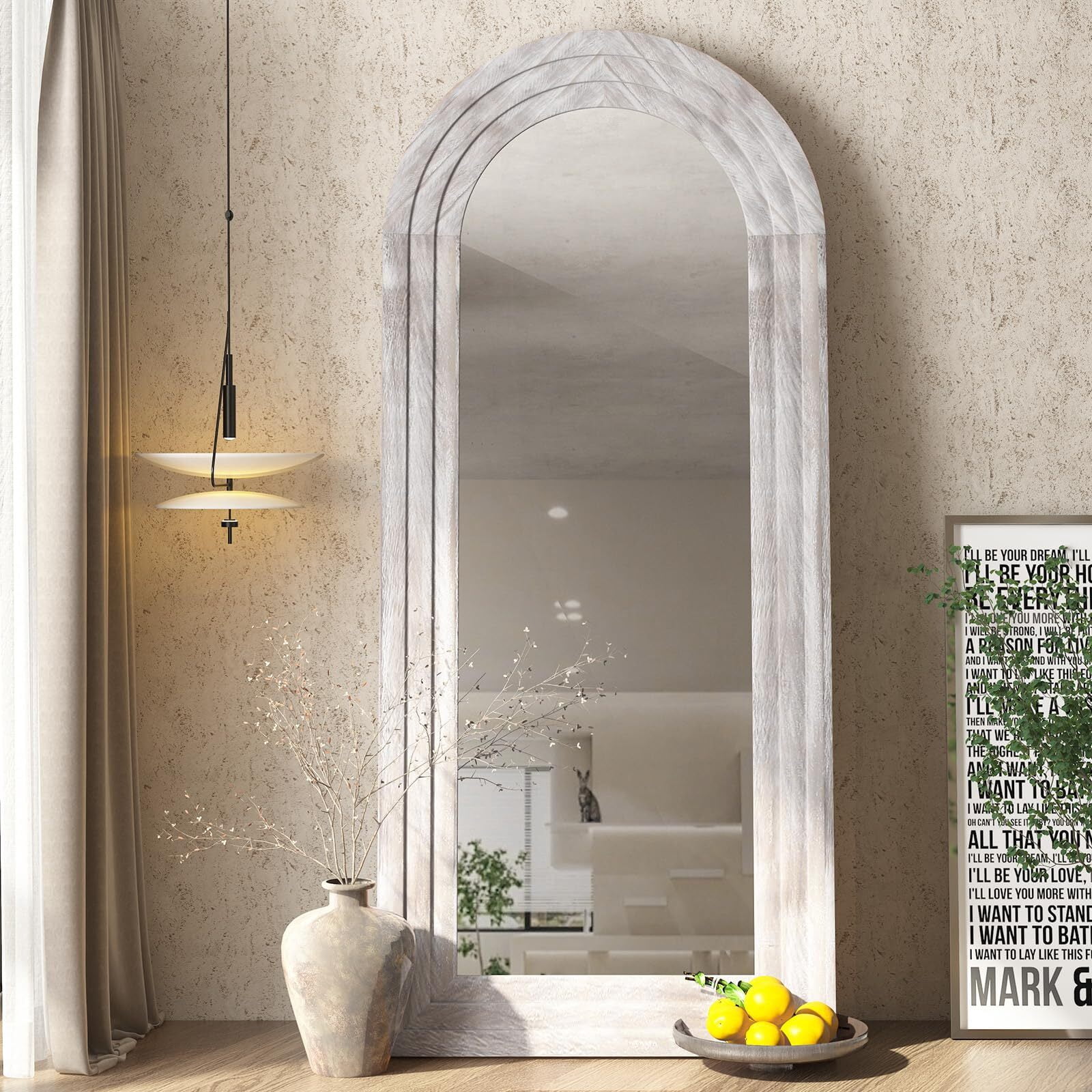 Anyrose 65.2"x22" Arch Wooden Framed Full-length Floor Mirror, White