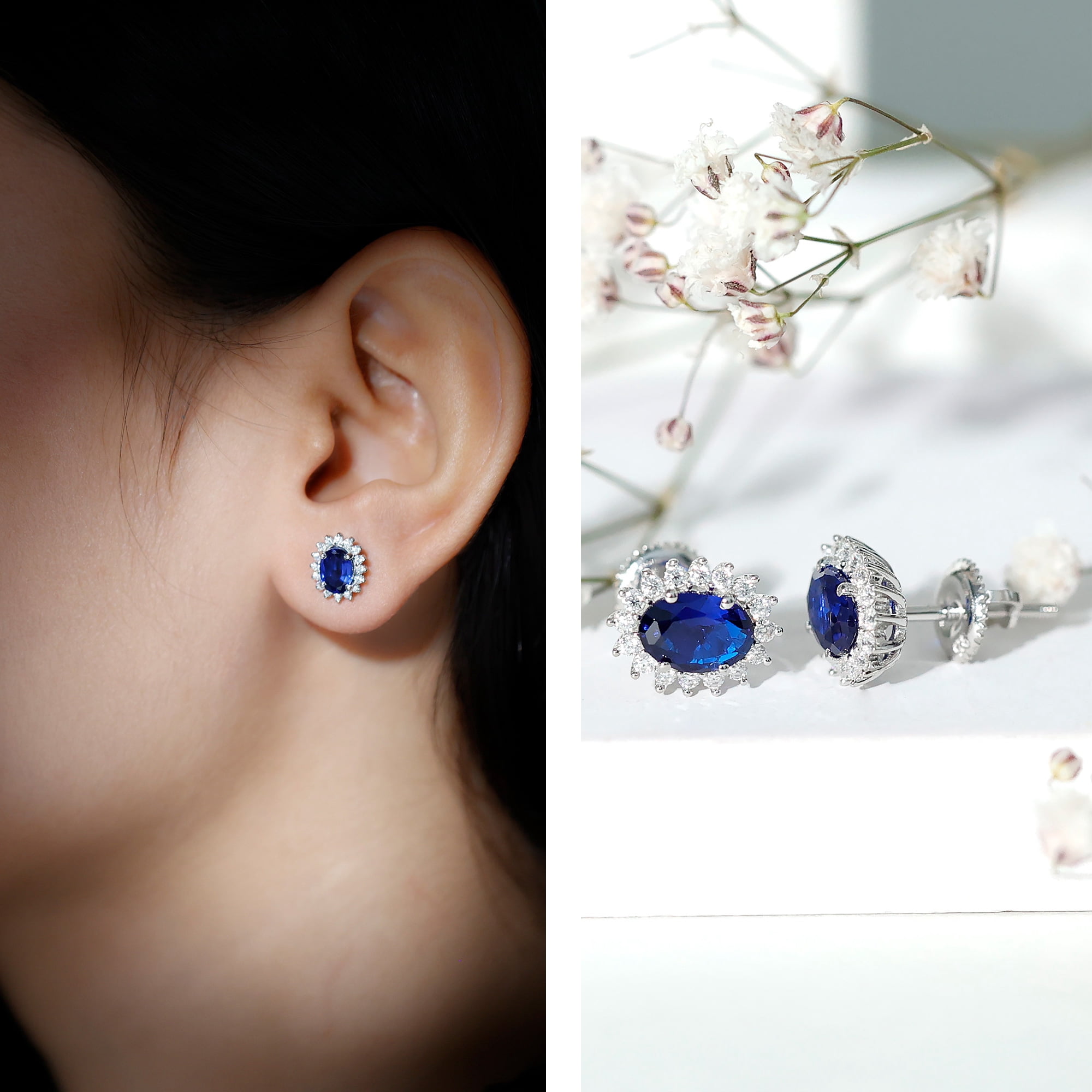 Rosec Jewels Lab Grown Blue Sapphire Halo Earrings in Silver - 5X7 mm Oval Sapphire Earrings Screw Back (AAAA Grade) - Ready to Gift