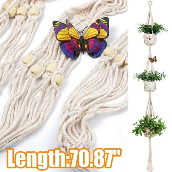 Cheers.US 3 Tier Plant Hanger, Indoor Outdoor Macrame Hanging Planter Flowers Pot Holder with Beads, Wall Art Boho Style for Plants Decorations - Cotton Rope, 4 Legs