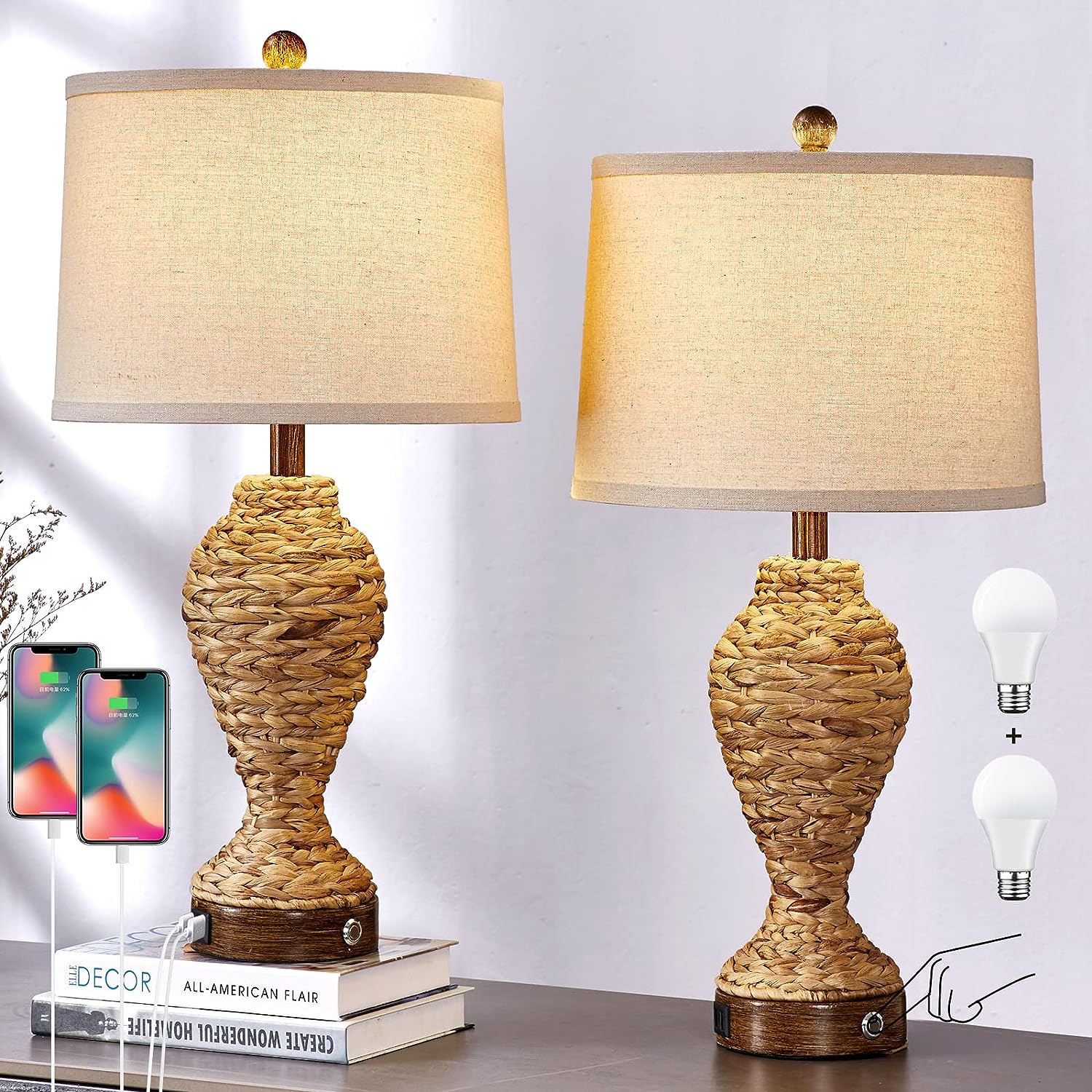 Set of 2 Rustic Touch Table Lamps for Living Room 3 Way Dimmable