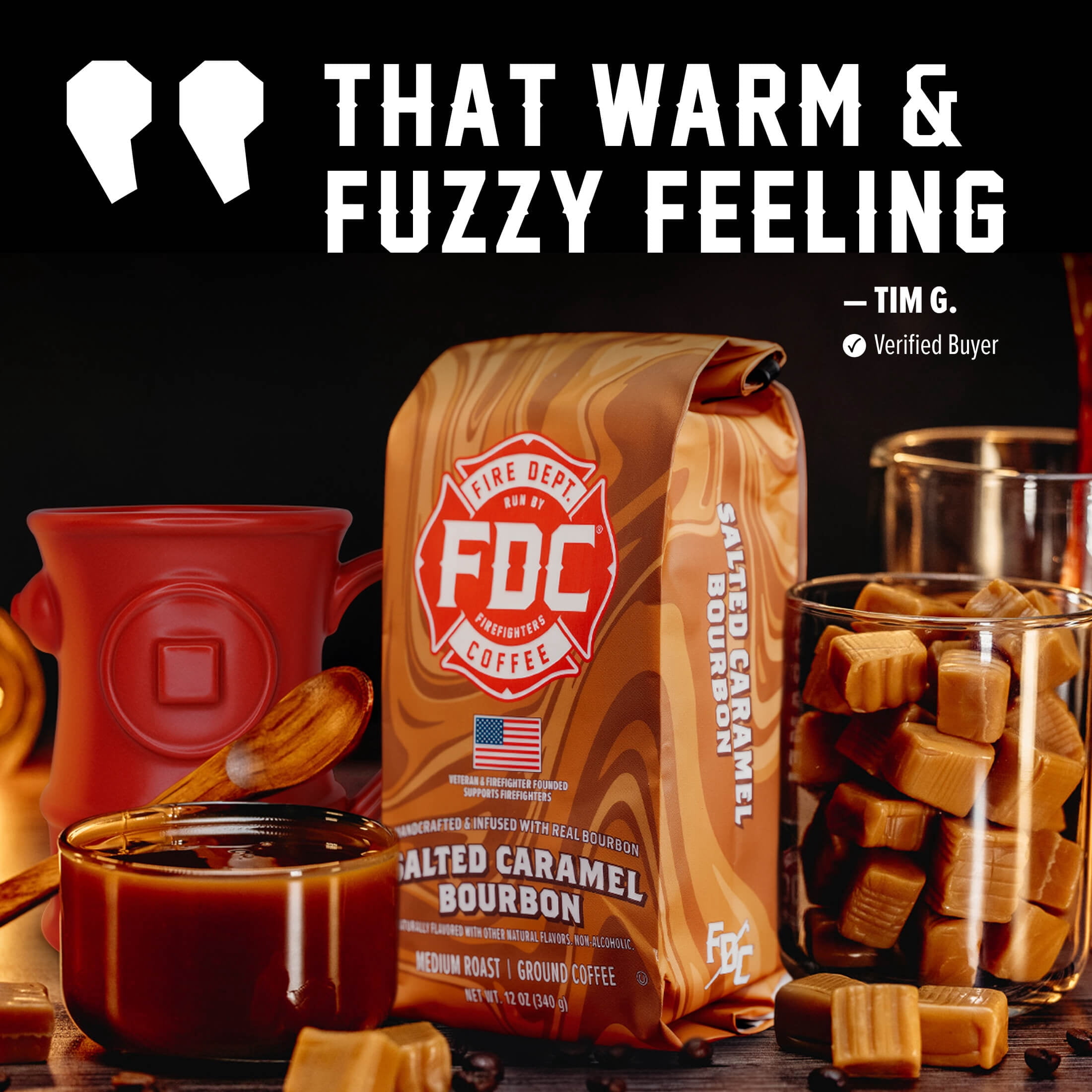 (6 pack) Fire Department Coffee, Salted Caramel Bourbon Infused, Premium Ground Coffee, Medium Roast 12 oz.