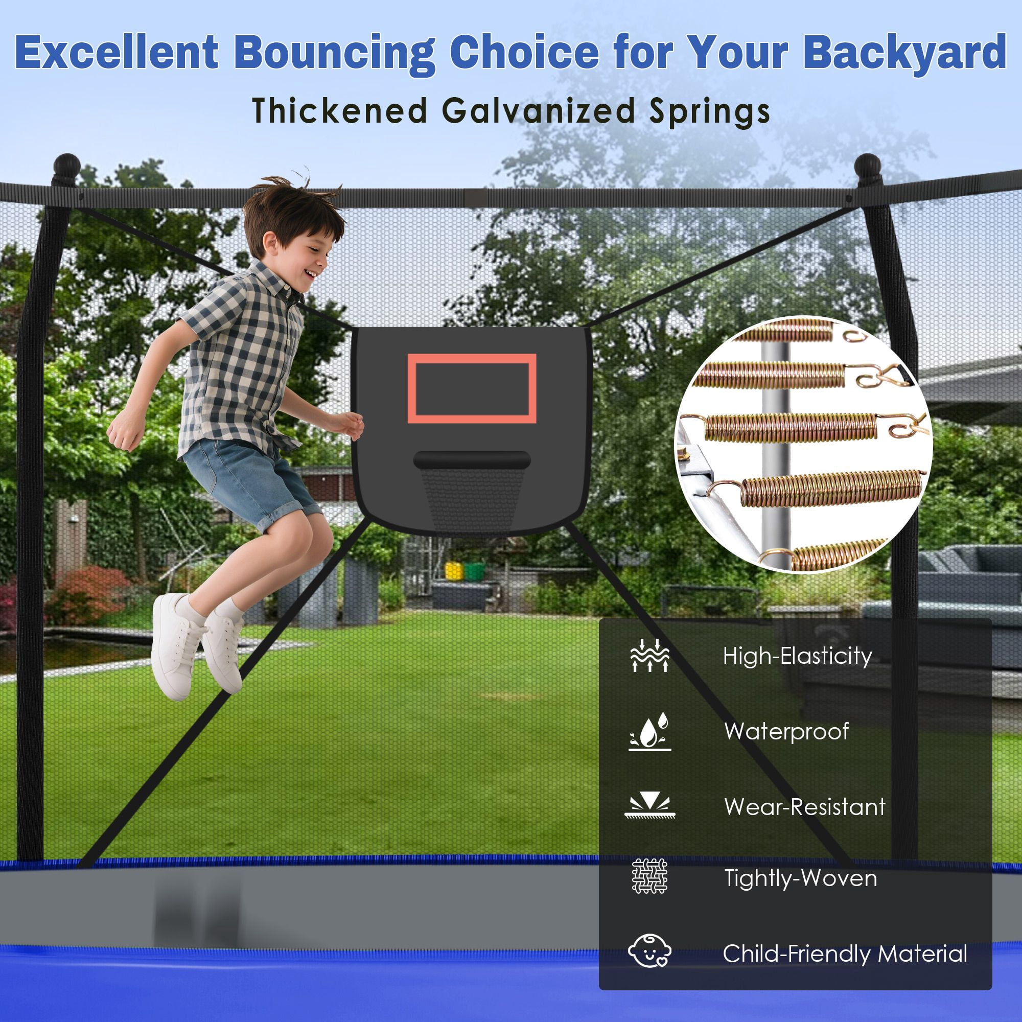 Alvantor 14ft Trampoline with Basketball Hoop & Lights, Outdoor Round Trampolines for Kids with Enclosure net Blue
