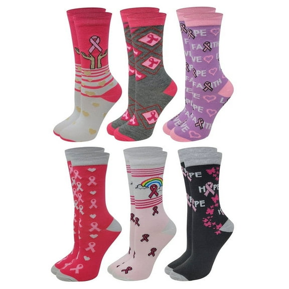 Women 6 Pairs Breast Cancer Awareness Crew Socks