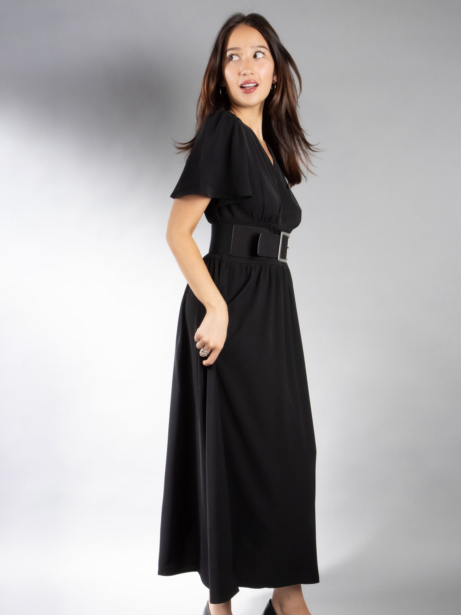 DARING DIVA Women's Elegant Flutter Sleeve Midi Dress S Black