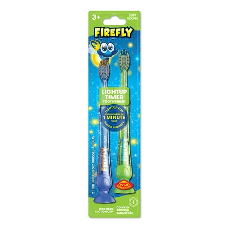 Firefly Light Up Timer Kids Toothbrush, Premium Soft Bristles, Blue and Green, 2 Count