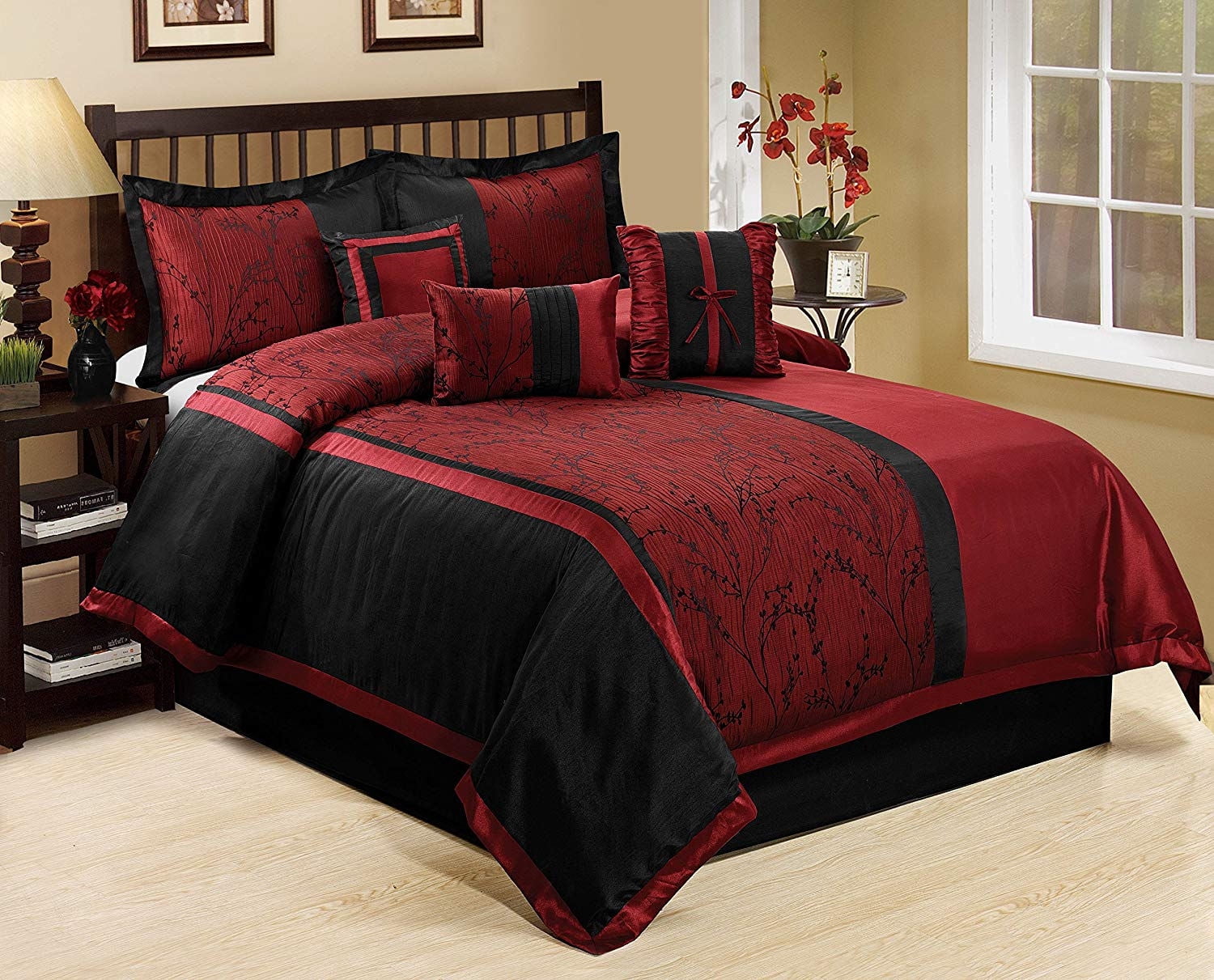 7-Piece Burgundy Jacquard Patchwork Comforter Set – Queen Size, All-Season Soft Microfiber Bedding with Comforter, Shams, Bed Skirt & Pillows
