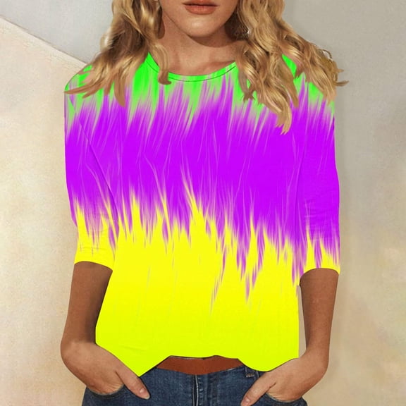Fartey Womens 3/4 Length Sleeve Shirts Mardi Gras Crew Neck Tshirts Slim Fit Tunic Tops Funny Graphic Tees Plus Size Carnival Themed Blouses Purple S-5XL