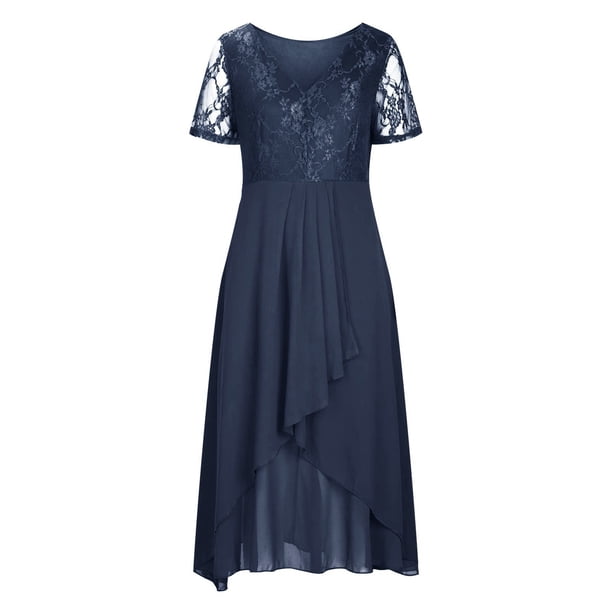 Gibobby Vestido sexy para fiesta Vestido largo femenino de gasa con escote en V y encaje de empalme para mujer, vestidos de noche para dama de honor(Azul,G)