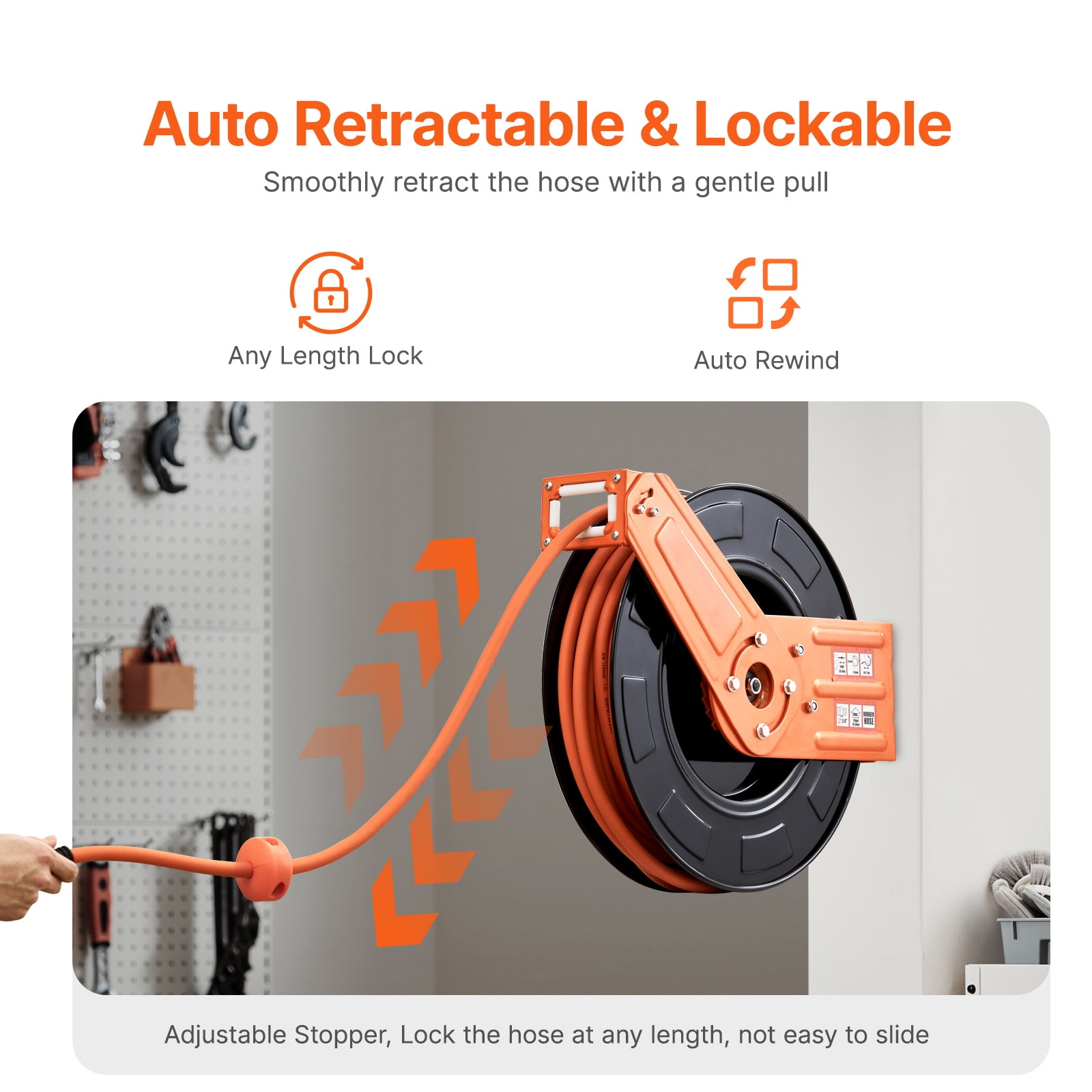 KFFKFF Retractable Air Hose Reel, 3/8IN x 100FT Durable Rubber Air Hose with a Maximum of 300PSI, Air Pump Hose Reel with 5FT Initial Lead in, Mountable on Ceiling/Wall