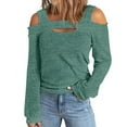 thumbnail image 2 of Womens Off Shoulder Tops Long Sleeve Knit Pullover Cold Shoulder Cute Tee Blouses Spring Plain Tshirt, Green XL, 2 of 5
