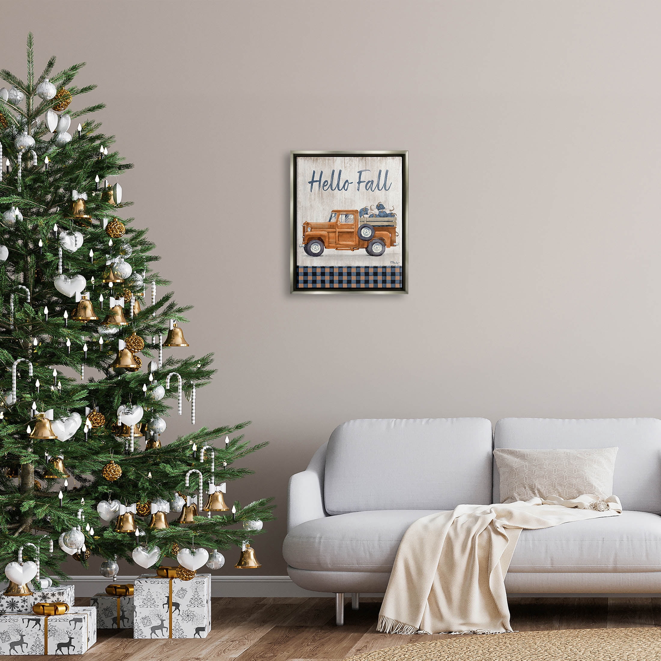 Stupell Industries Hello Fall Plaid Pumpkin Truck Graphic Art Luster Gray Floating Framed Canvas Print Wall Art, Design by Paul Brent