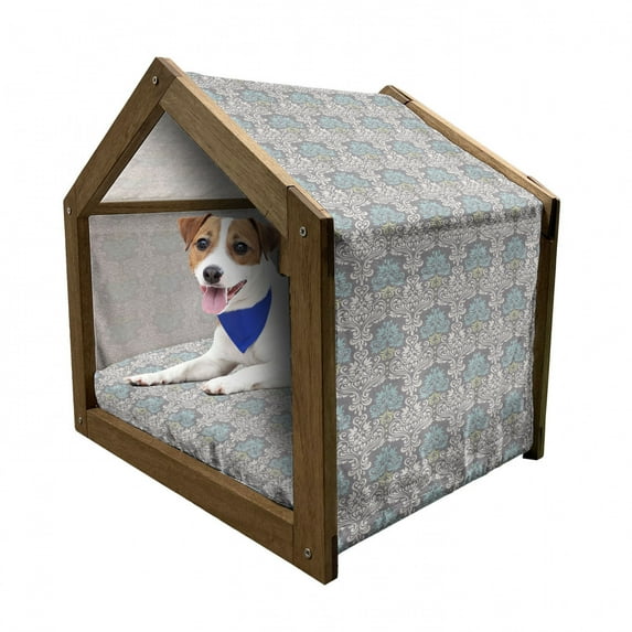 Damask Pet House, Vintage Pattern of Swirled Curly Foliage Motifs in Pastel Colors Royal and Floral, Outdoor & Indoor Portable Dog Kennel with Pillow and Cover, 5 Sizes, Multicolor, by Ambesonne
