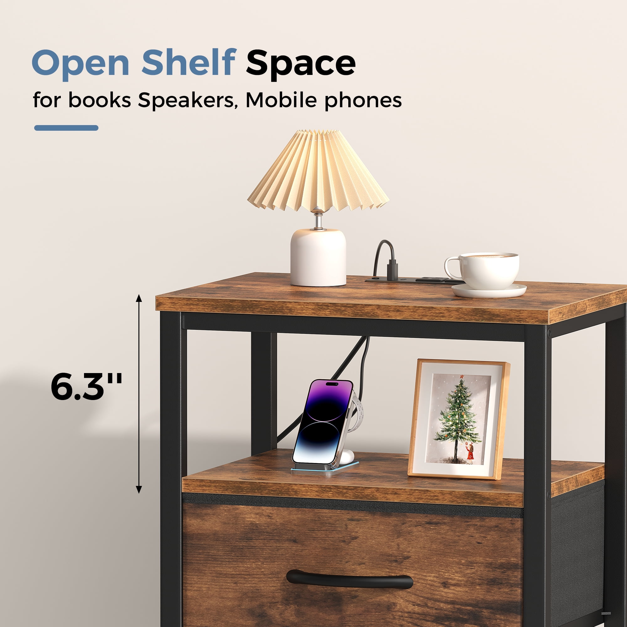 CONCETTA Small Night Stand with Charging Station, 1 Fabric Drawer, USB Ports and Outlets, Open Storage Shelf Bedside End Table for Bedroom, Rustic Brown