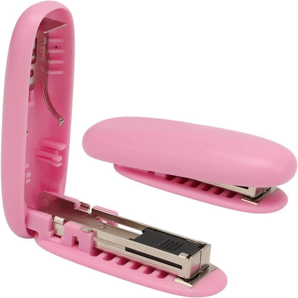 Mini grapadora, grapadora de escritorio, grapadora estándar, ahorra mano de obra grapadora portátil plegable, un dedo, sin esfuerzo, grapadora portátil (Rosa)
