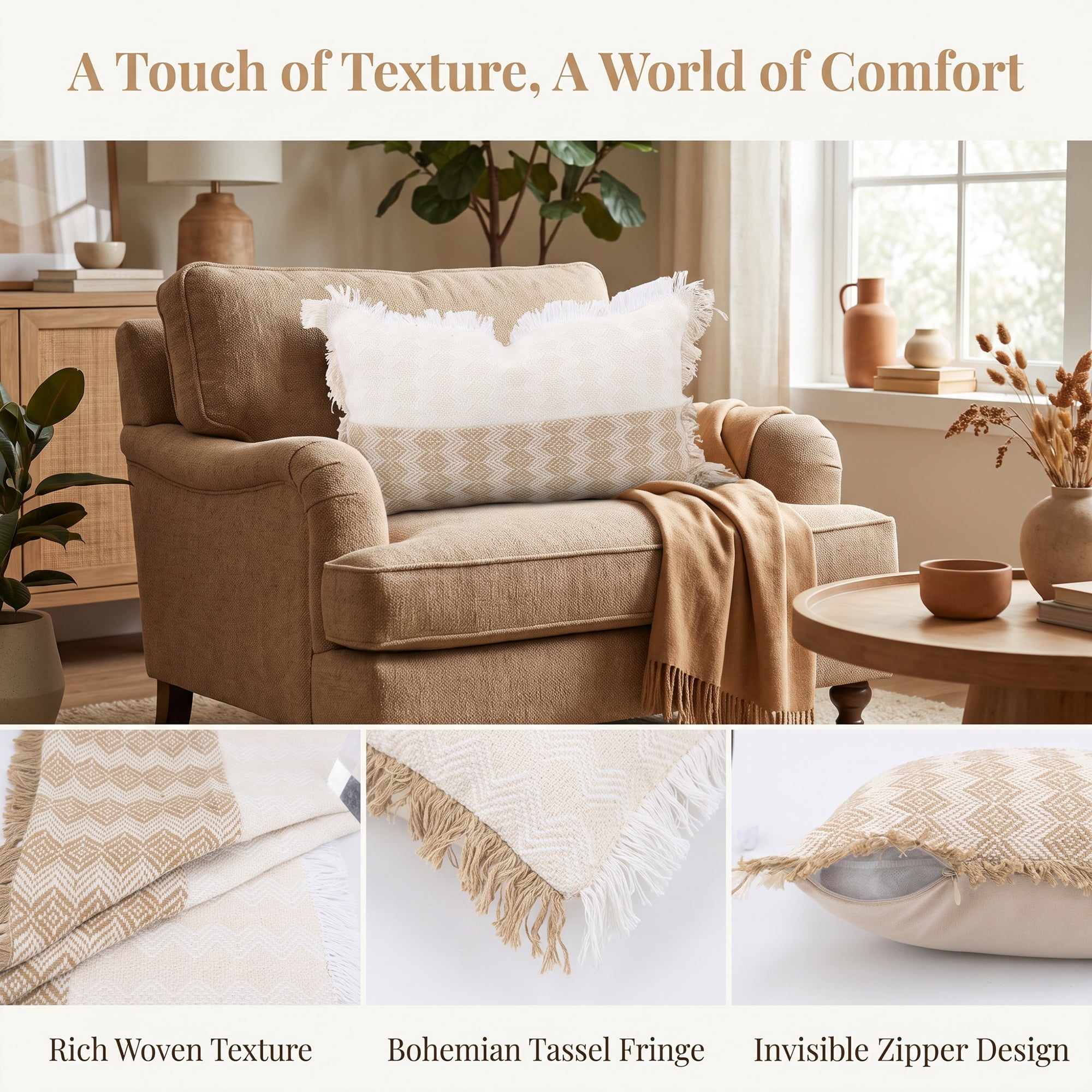 Unique Bargains Linen Colorblock Tassel Throw Pillow Covers Cushion Cases Beige 20"x12"