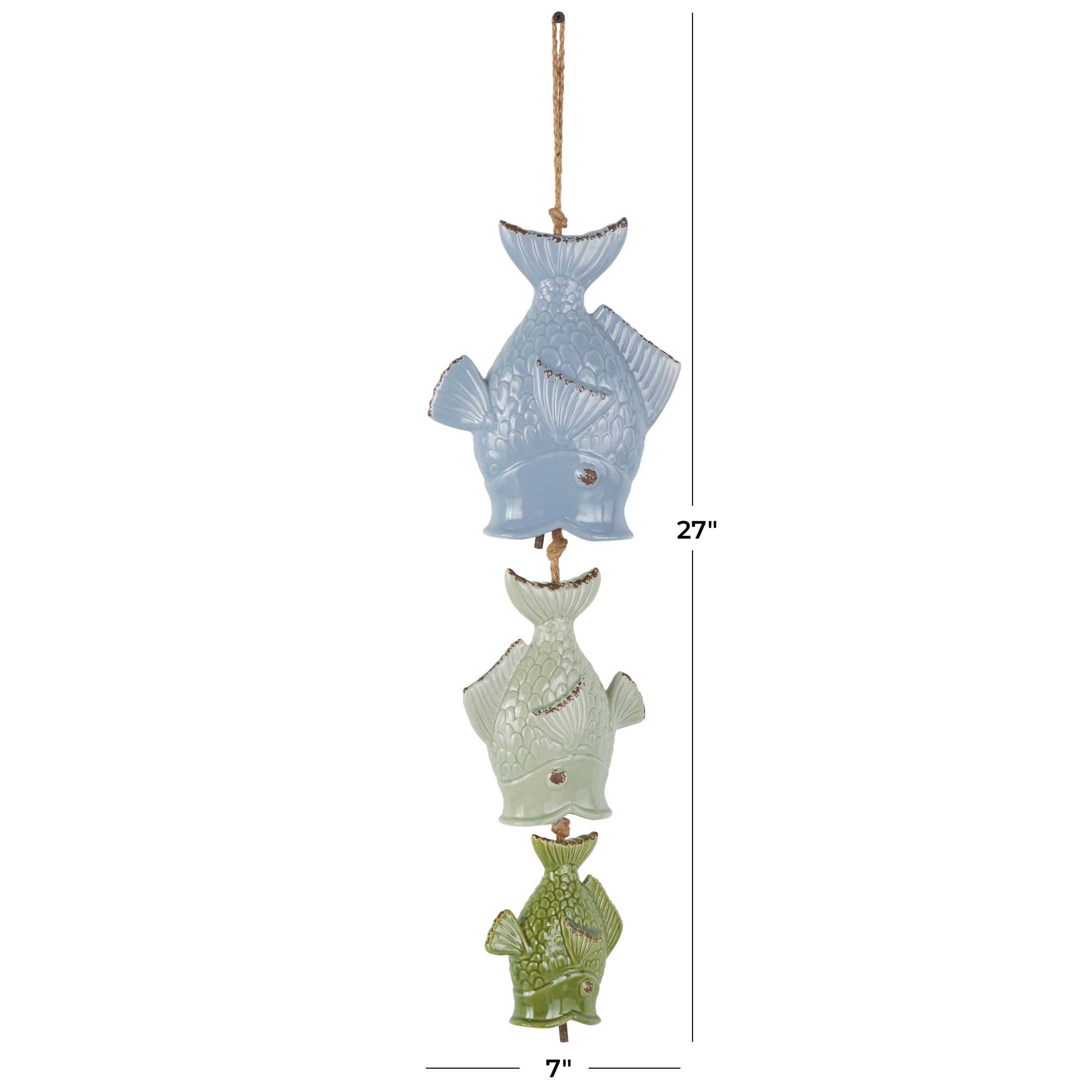 DecMode 27" Multi Colored Ceramic Fish Windchime with Brown Rope