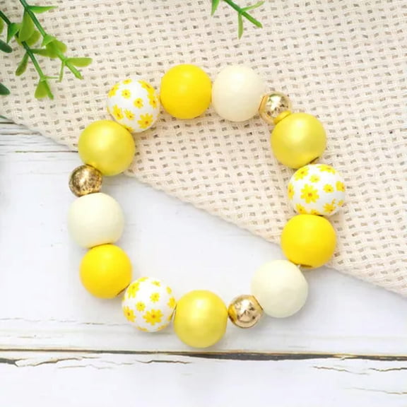 Bright Color Print Flower Wood Beads Stretchy Bracelet Summer Jewelry Girls Gift