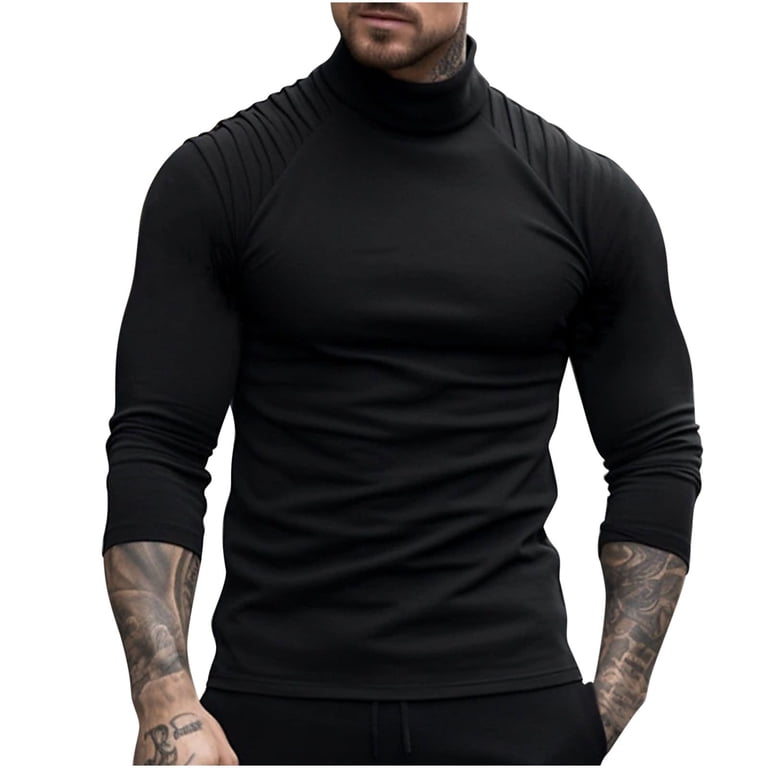 black turtleneck dress shirt mens Muscularfit Long Sleeve Dress Shirts for Men Black Turtleneck Solid T Shirt  Mens Tops Clearance