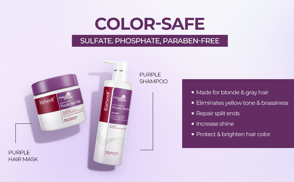 Karseell Purple Hair Mask and Purple Shampoo Set, Neutralizes Brass & Yellow Tones for Blonde, Gray, Silver Color Treated Hair, 2 x 16.9floz