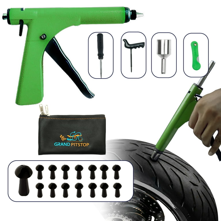 Grand Pitstop Tubeless Tire Puncture Repair Gun Kit for Motorcycle and Cars  with 15 Mushroom Plugs 