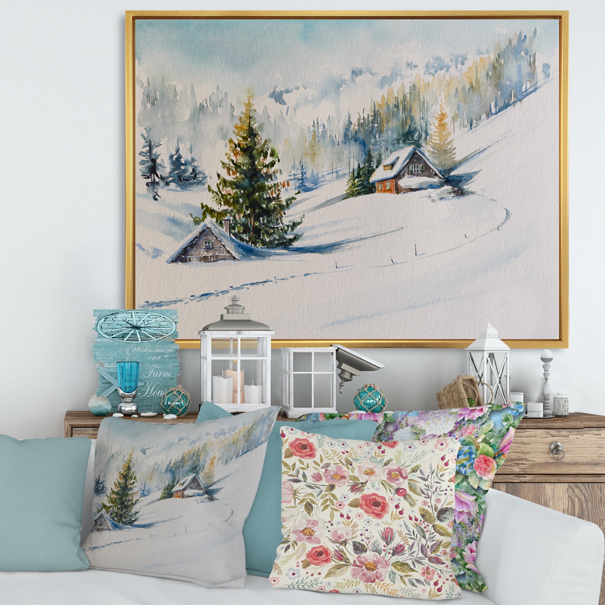 Designart 'The Winter Mountains With Little House' Traditional Framed Canvas Wall Art Print