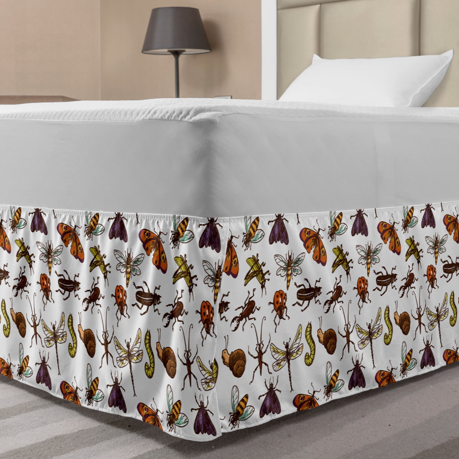 Bugs Bed Skirt, Sketch Style Arrangement of Insects Grasshopper Ladybug ...