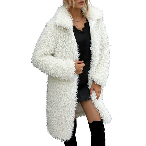Women Faux Fur Winter Coats Comfort Warm Outerwear Open Front Long Cardigan Overcoat Jacket Cream White L
